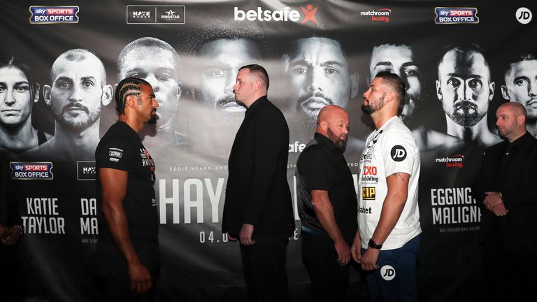 David Haye (left) and Tony Bellew face each after the press conference at Sky Backstage at The O2, London.