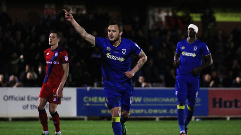 Dean Parrett celebrates Wimbledon's third goal