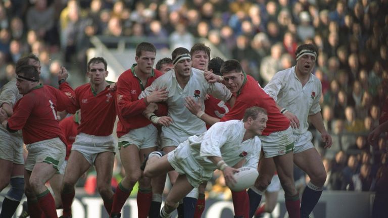 7 Mar 1992:  Dewi Morris of England passes the ball out in the England v Scotland match during the 1992 Five Nations at Twickenham, London