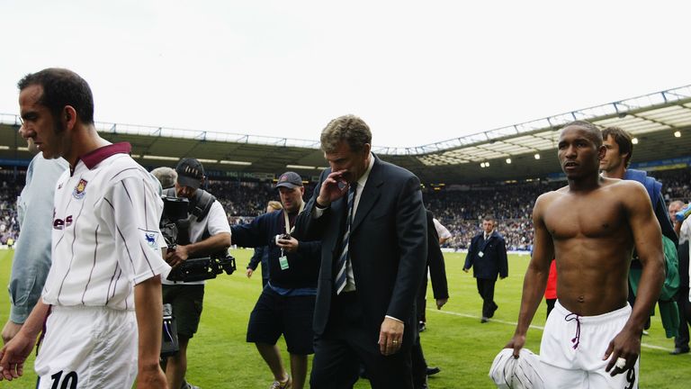 BIRMINGHAM - MAY 11:   Paulo Di Canio, Trevor Brooking and Jermaine Defoe of West Ham United look dejected as they walk off at the end of the FA Barclaycar