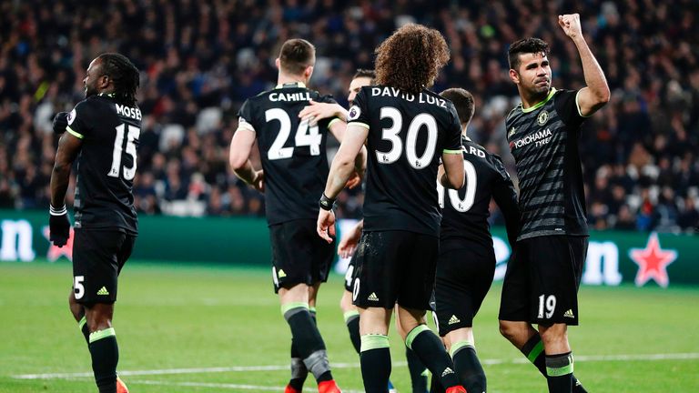 Diego Costa celebrates scoring Chelsea's second goal against West Ham United at The London Stadium 