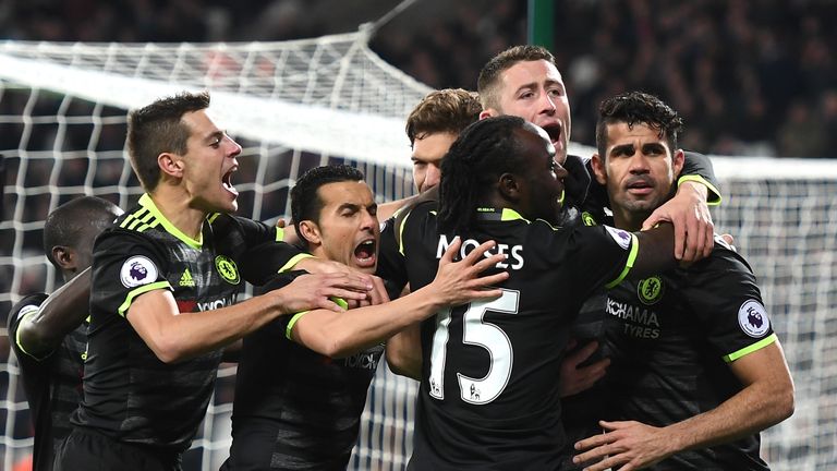 Diego Costa celebrates his Chelsea goal against West Ham