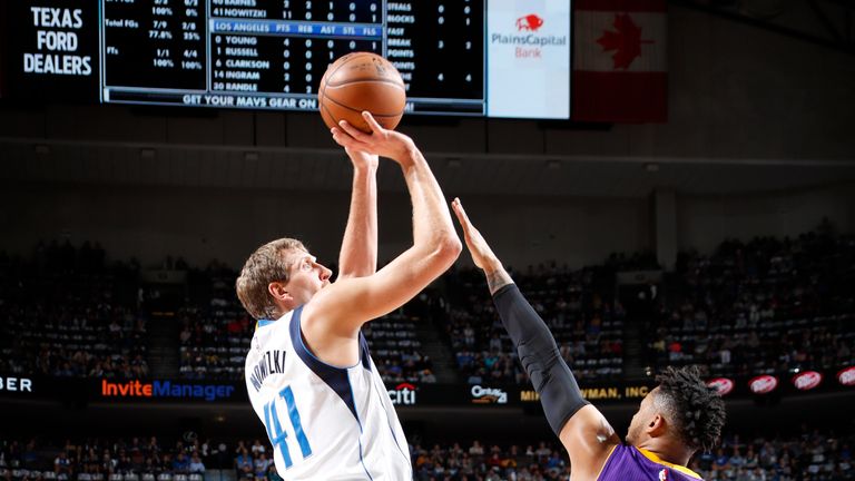 DALLAS, TX - MARCH 7:  Dirk Nowitzki #41 of the Dallas Mavericks shoots the ball against the Los Angeles Lakers on March 7, 2017 at the American Airlines C