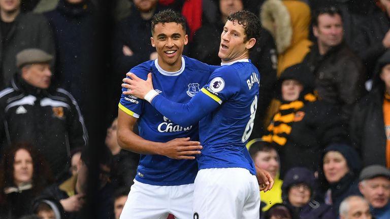 Dominic Calvert-Lewin (left) celebrates with Ross Barkley after scoring against Hull