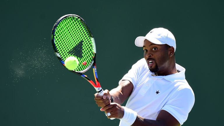 INDIAN WELLS, CA - MARCH 14:  Donald Young hits a forehand in his straight set victory over Lucas Pouille of France during the BNP Paribas Open at Indian W
