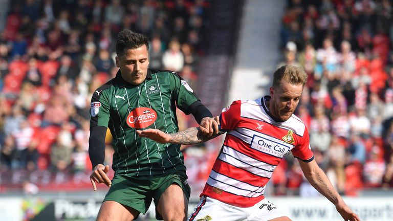 Doncaster Rovers' James Coppinger battles with Plymouth Argyle's Antoni Sarcevic