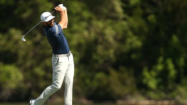 Dustin Johnson tees off on the 14th hole of his match during round four of the World Golf Championships-Dell Technologies Match Play