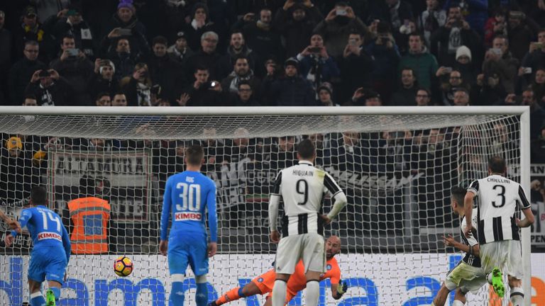 Paulo Dybala (R) of Juventus FC scores his second goal from the penalty spot during the TIM Cup match between Juventus FC and Napoli
