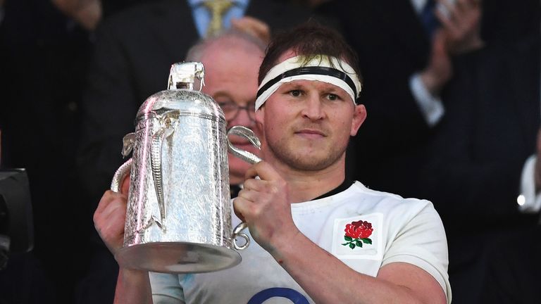 LONDON, MARCH 11 2017:  Dylan Hartley of England lifts the The Calcutta cup after the RBS Six Nations match between England and Scotland at Twickenham