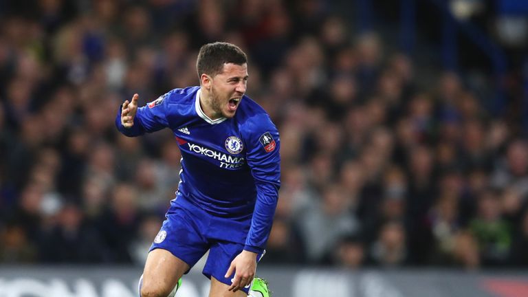 LONDON, ENGLAND - MARCH 13:  Eden Hazard of Chelsea reacts during The Emirates FA Cup Quarter-Final match between Chelsea and Manchester United at Stamford