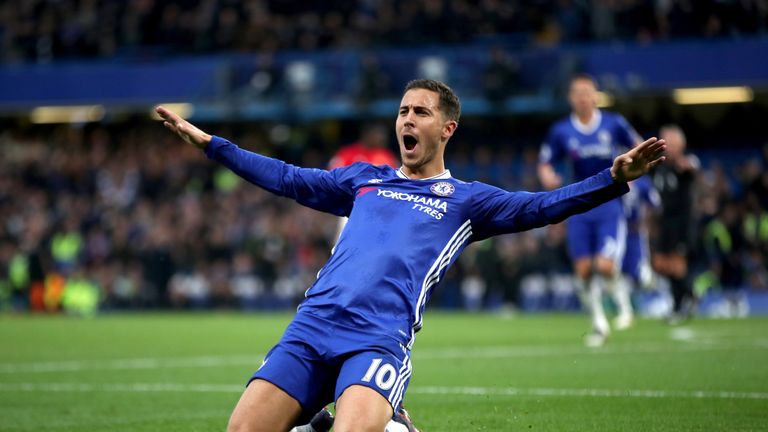 Chelsea's Eden Hazard celebrate scoring his side's third goal of the game during the Premier League match at Stamford Bridge, London.