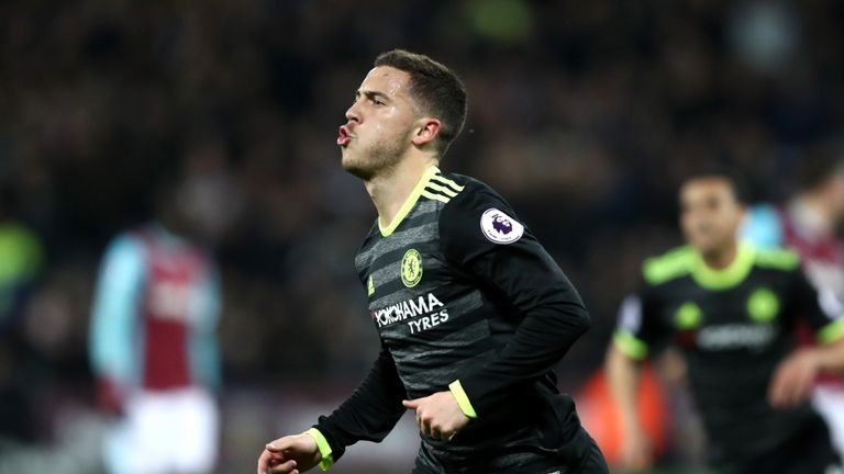 STRATFORD, ENGLAND - MARCH 06:  Eden Hazard of Chelsea celebrates after he scores his side first goal during the Premier League match between West Ham Unit