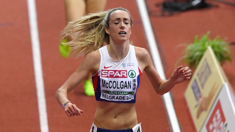 Britain's Eilish McColgan reacts as she finishes third in the women's 3000m final at the 2017 European Athletics Indoor Championships in Belgrade on March 