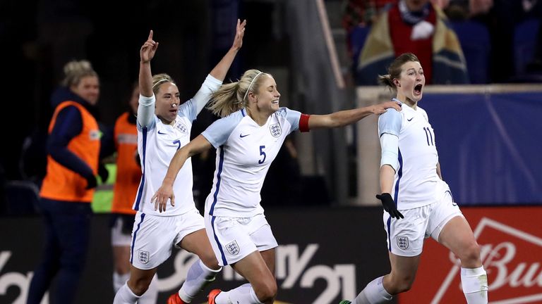 HARRISON, NJ - MARCH 04:  Ellen White of England celebrates her goal with teammates Jordan Nobbs #7 and Steph Houghton #5 in the second half against the Un