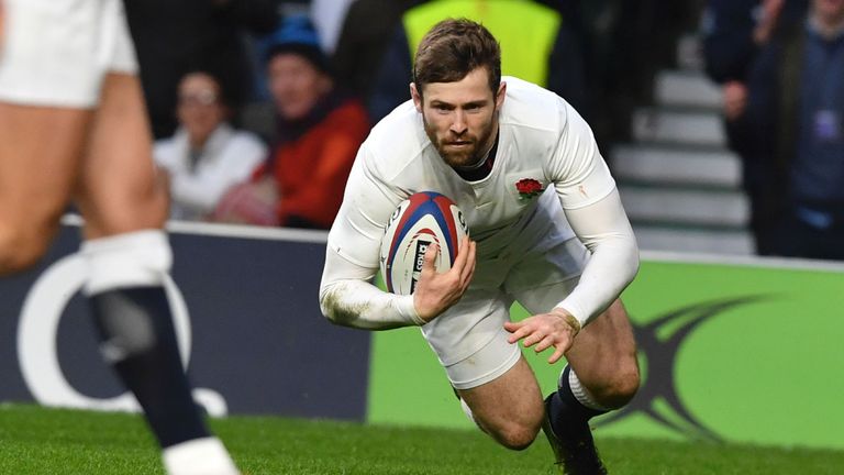 England's wing Elliot Daly runs in a try during the Six Nations international rugby union match between England and Italy at Twickenham 2017