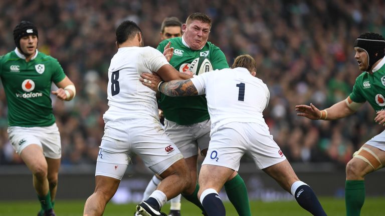 DUBLIN, IRELAND - MARCH 18:  Tadhg Furlong of Ireland is tackled  by Billy Vunipola and Joe Marler of England during the RBS Six Nations match between Irel