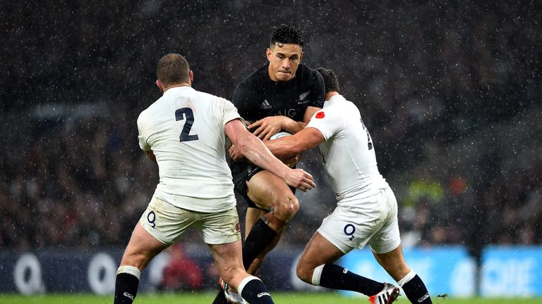 LONDON, ENGLAND - NOVEMBER 08: Sonny Bill Williams of New Zealand is tackled by Dylan Hartley (L) of England during the QBE International match between Eng