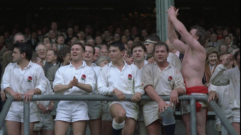 1992:  The England team celebrate their win in the stands after the England v Wales match at Twickenham, London.