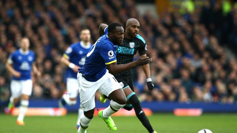 Romelu Lukaku of Everton (L) takes on Allan Nyom of West Brom in the early stages at Goodison Park