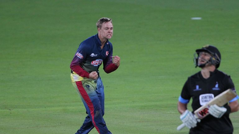 CANTERBURY, ENGLAND - JUNE 30: Fabian Cowdrey of Kent celebrates after taking the important wicket of Ross Taylor of Sussex during the NatWest T20 Blast ma