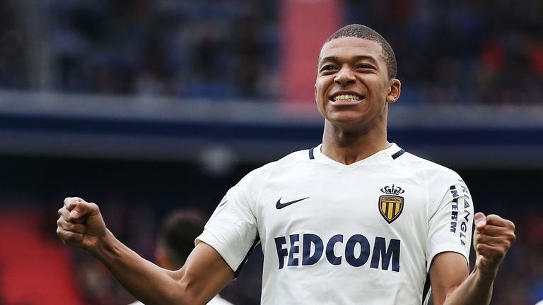 Monaco's French forward Kylian Mbappe Lottin celebrates after scoring a goal during the French L1 football match between Caen (SMC) and Monaco (AS)