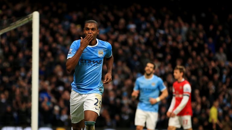 MANCHESTER, ENGLAND - DECEMBER 14: Fernandinho of Manchester City celebrates scoring their fifth goal during the Barclays Premier League match between Manc