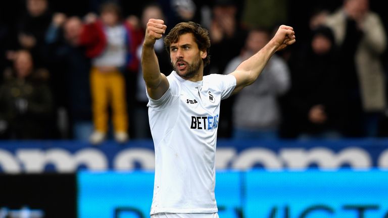 SWANSEA, WALES - MARCH 04: Fernando Llorente of Swansea City celebrates scoring his sides first goal during the Premier League match between Swansea City a