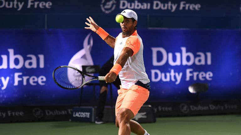 DUBAI, UNITED ARAB EMIRATES - MARCH 04:  Fernando Verdasco of Spain plays a backhand during his final match against Andy Murray of Great Britain on day sev