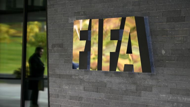 General view of the FIFA logo seen at the entrance of the world football's governing body headquarters in Zurich
