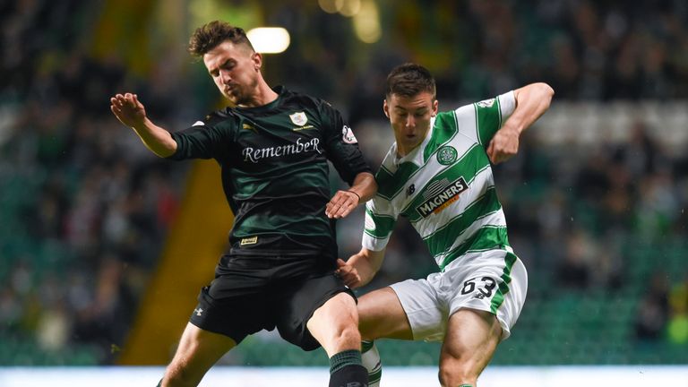 Celtic's Kieran Tierney (right) holds off Raith Rovers winger Grant Anderson.