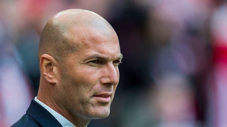 BILBAO, SPAIN - MARCH 18: Head coach Zinedine Zidane of Real Madrid looks on prior to the start the La Liga match between Athletic Club Bilbao and Real Mad