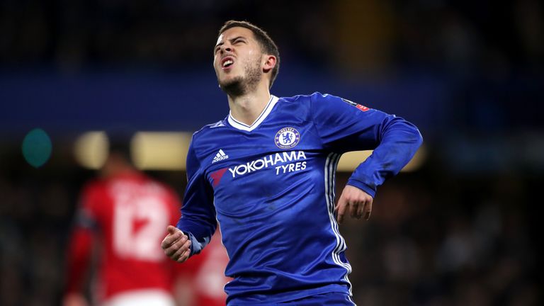 Chelsea's Eden Hazard reacts during the Emirates FA Cup, Quarter Final match v Manchester United at Stamford Bridge, London