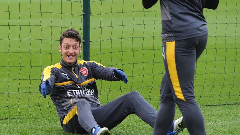 Mesut Ozil during a training session at London Colney prior to Arsenal's FA Cup quarter-final against Lincoln City