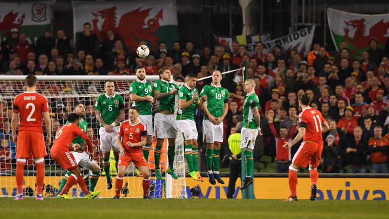 DUBLIN, IRELAND - MARCH 24:  Gareth Bale of Wales shoots from a free kick during the FIFA 2018 World Cup Qualifier between Republic of Ireland and Wales at