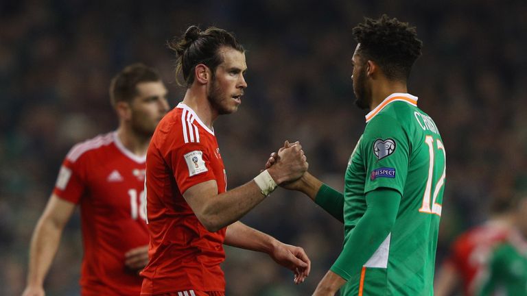 Gareth Bale of Wales and Cyrus Christie of the Republic of Ireland shake hands after the FIFA 2018 World Cup Qualifier at the Aviva Stadium, Dublin