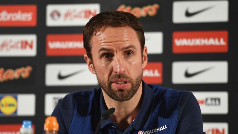 ESSEN, GERMANY - MARCH 21:  Gareth Southgate, manager of England talks during an England press conference at the Atlantic Hotel on March 21, 2017 in Essen,