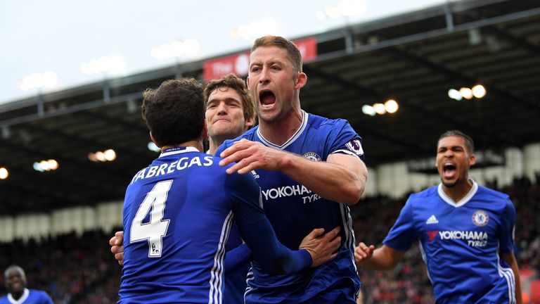 Gary Cahill celebrates scoring Chelsea's winner against Stoke