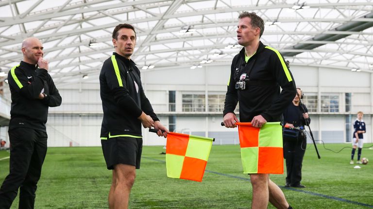 Gary Neville and Jamie Carragher have a go at running the line in The Referees
