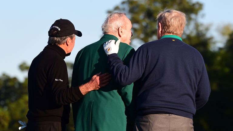 Supported by his long-time friends, Palmer faced the cameras for what proved to be the last time at Augusta last year