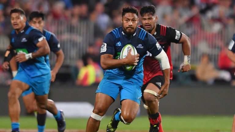 CHRISTCHURCH - MARCH 17 2017:  George Moala of the Blues charges forward during the round four Super Rugby match between the Crusaders and the Blues