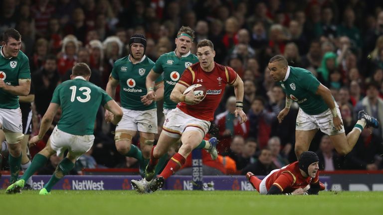 CARDIFF, WALES - MARCH 10 2017:  George North of Wales attemtps to break through during the Six Nations