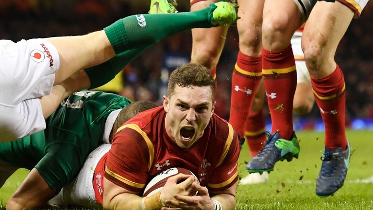 CARDIFF, WALES - MARCH 10 2017:  George North of Wales celebrates after scoring the opening try during the Six Nations