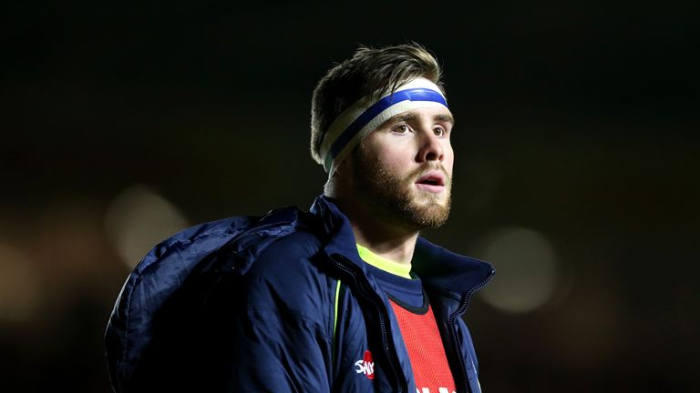 LONDON, ENGLAND - FEBRUARY 03: George Nott of Sale Sharks looks on as he warms up during the Anglo-Welsh Cup match between Harlequins and Sale Sharks at Tw