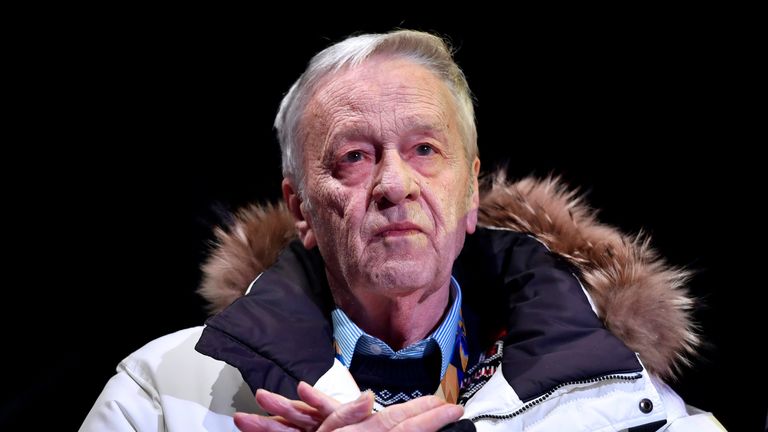 International Ski Federation's president Gian-Franco Kasper applauds during the podium ceremony of the men's Alpine Combined event at the 2017 FIS Alpine W