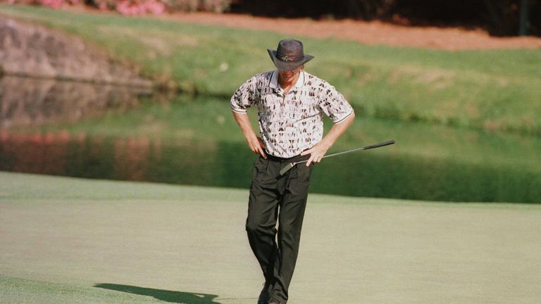 14 Apr 1996:  Greg Norman of Australia looks to the ground in dejection after missing another putt during the final round of the 1996 Masters at Augusta Na