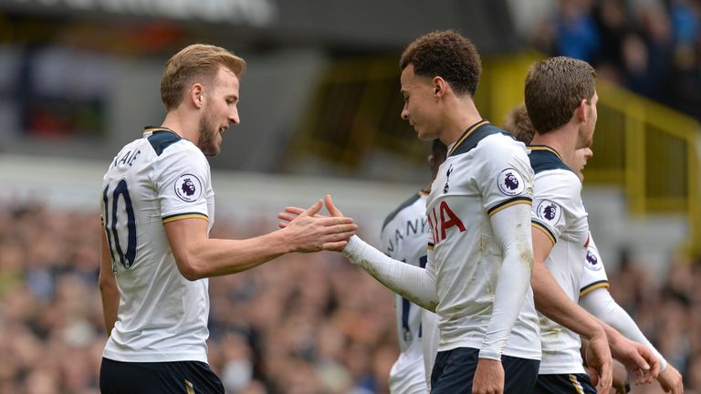 Harry Kane and Dele Alli, handshake goal celebration, Premier League, Tottenham v Stoke, 26 February 2017