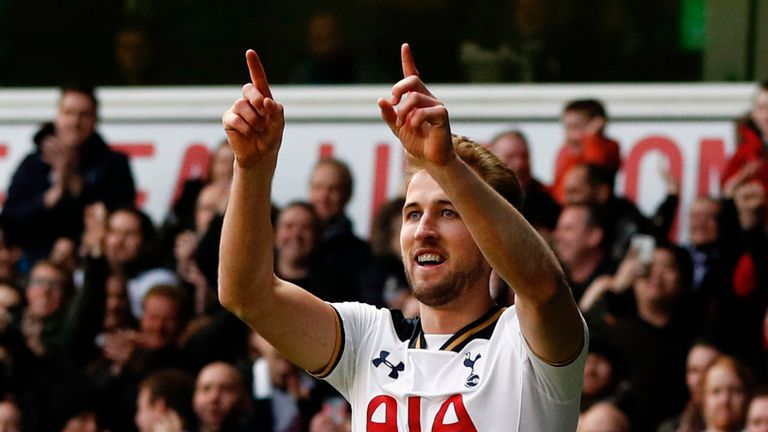 Tottenham Hotspur's English striker Harry Kane celebrates after scoring their second goal during the English Premier League football match between Tottenha