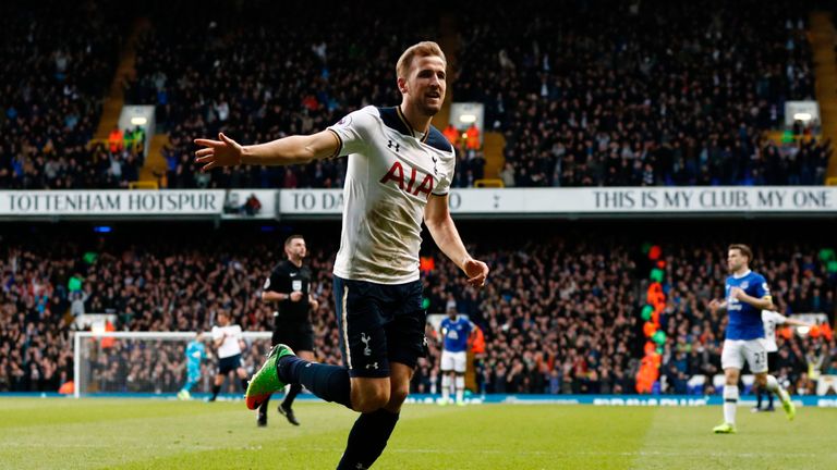 Tottenham Hotspur's English striker Harry Kane celebrates after scoring their second goal during the English Premier League football match between Tottenha