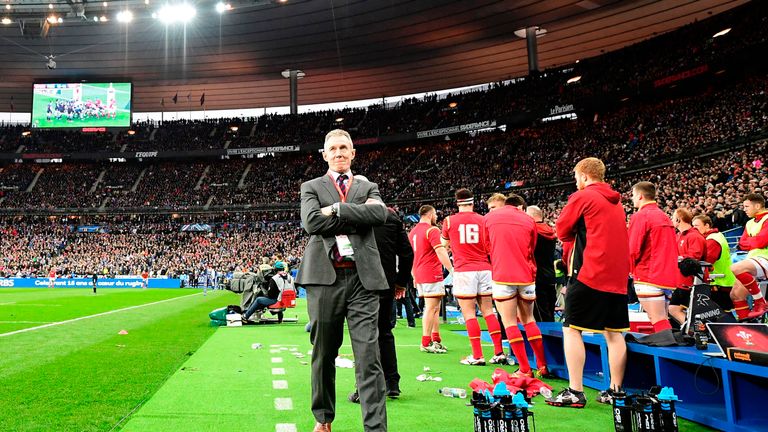 Rob Howley reacts during the Six Nations international rugby union match between France and Wales at the Stade de France in Saint-Denis o