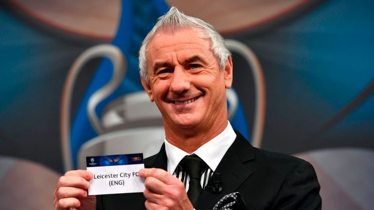 UEFA Champions League Final Ambassador Ian Rush shows a piece of paper bearing the name of Leicester City FC during the quarter-final draw